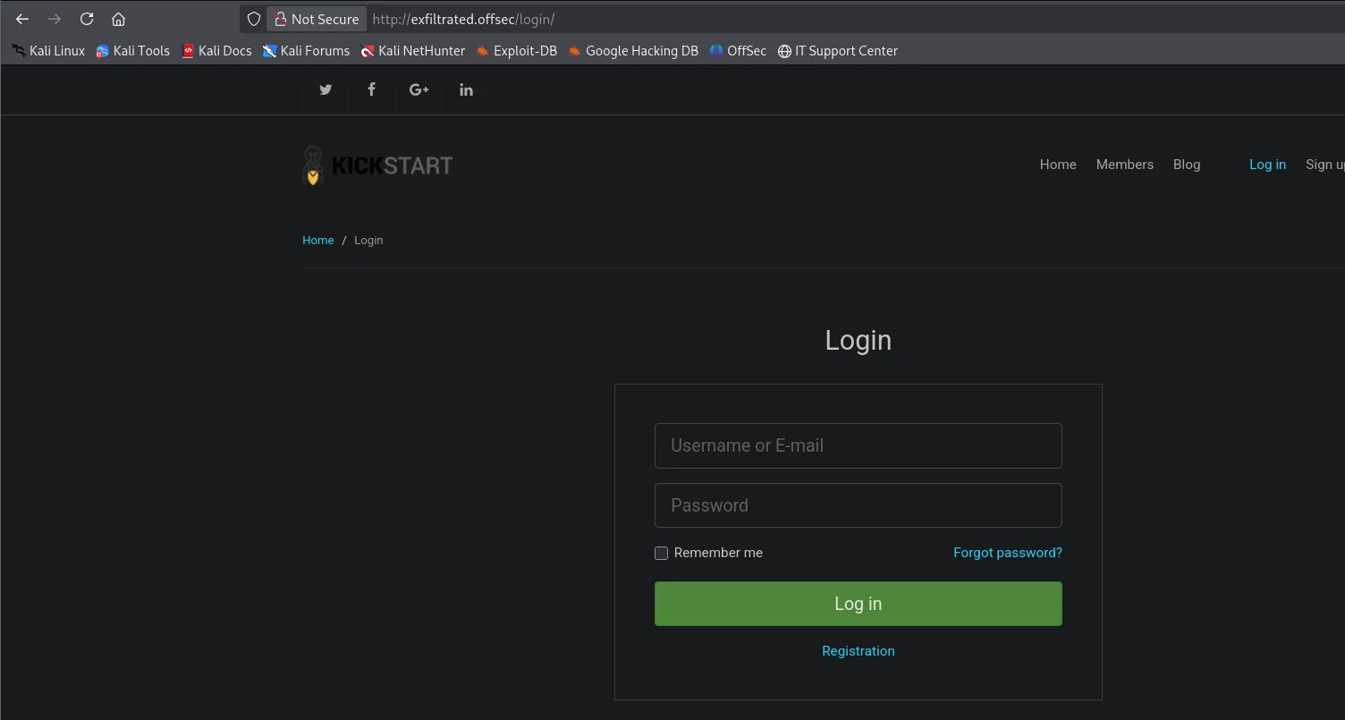 La portada de exfiltrated.offsec es una plantilla KICKSTART con enlace Log in