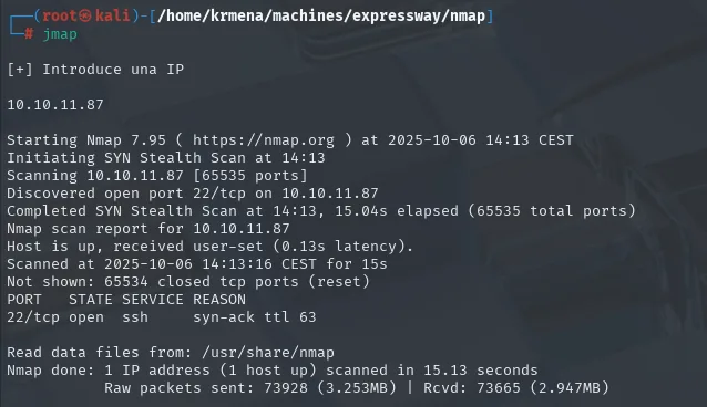 nmap -p-: solo el 22/tcp abierto, syn-ack ttl 63
