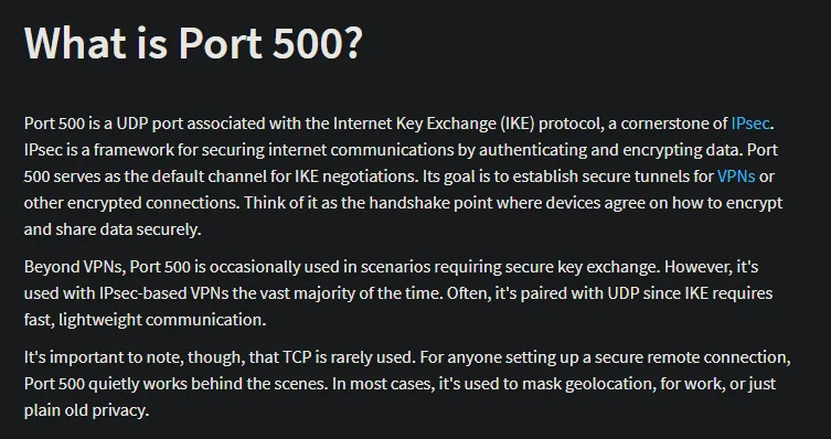 Página explicando qué es el puerto 500: UDP asociado al protocolo IKE, pieza central de IPsec y canal por defecto de las negociaciones IKE