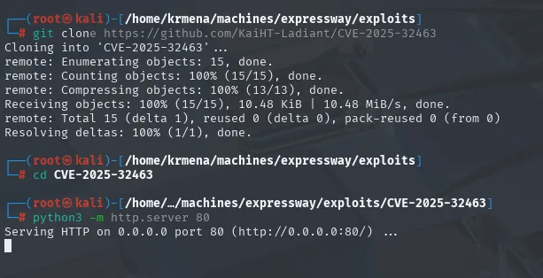 git clone del exploit CVE-2025-32463 y http.server