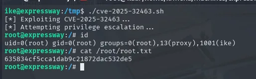 cve-2025-32463.sh da uid=0(root) y la root flag