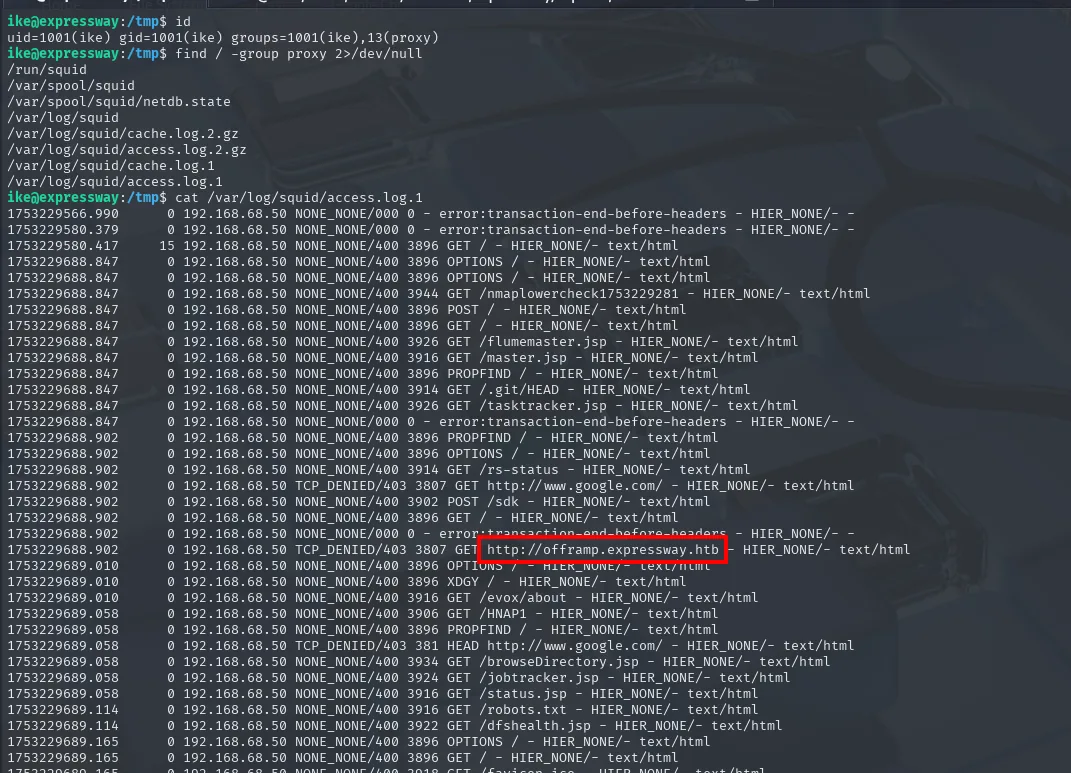 id muestra grupo proxy; el access.log de Squid filtra offramp.expressway.htb