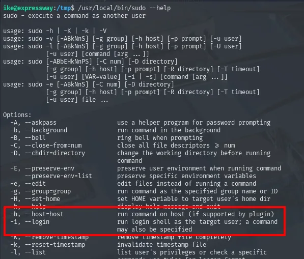 /usr/local/bin/sudo --help: opciones -h (host) y -i (login shell)