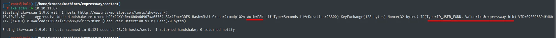 ike-scan -A: Aggressive Mode, Auth=PSK, ID ike@expressway.htb