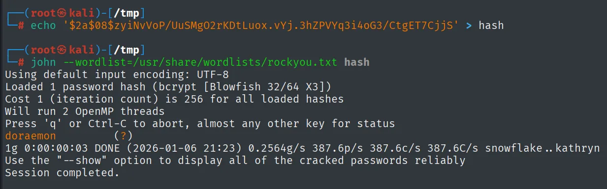 John rompiendo el hash bcrypt de dora y revelando la contrasena doraemon