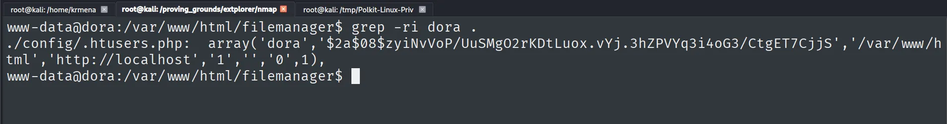 grep -ri dora en filemanager mostrando el hash bcrypt de dora en config/.htusers.php