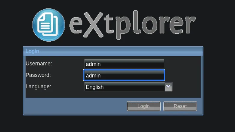 Login de eXtplorer con usuario admin y contraseña admin