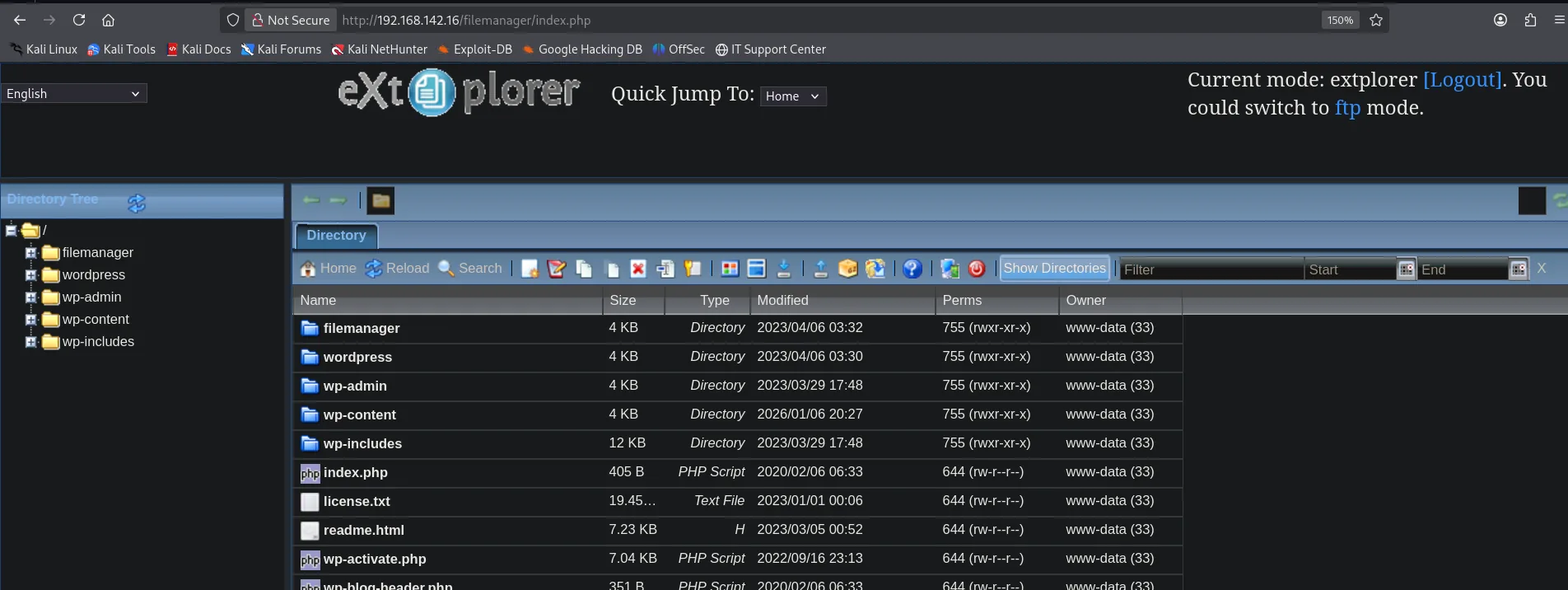 Panel de eXtplorer logueado en /filemanager/index.php: arbol de directorios con filemanager, wordpress, wp-admin, wp-content y wp-includes, todos propiedad de www-data (33)