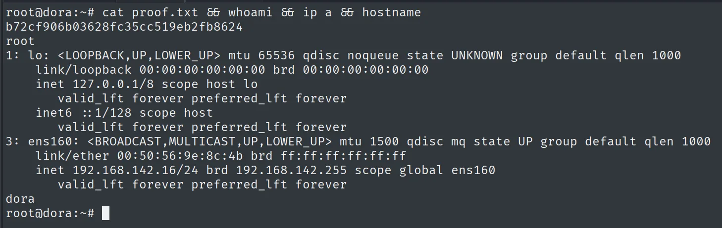 proof.txt leido como root en dora, con whoami root y hostname dora