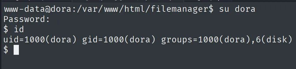 su dora con la contrasena doraemon; id devuelve dora con grupo disk