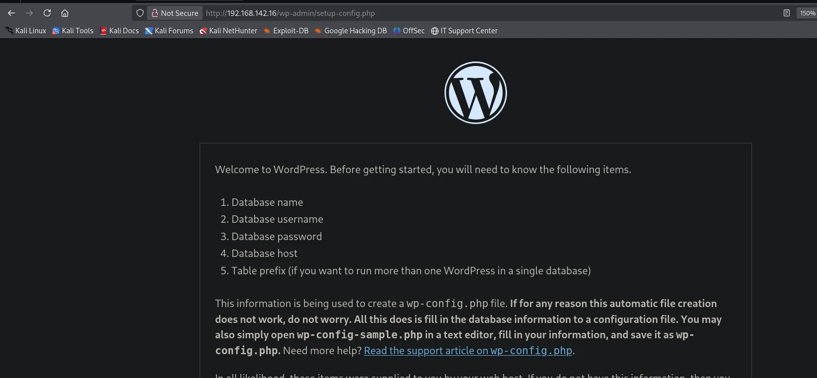 Asistente de instalación de WordPress en setup-config.php pidiendo los datos de la base de datos