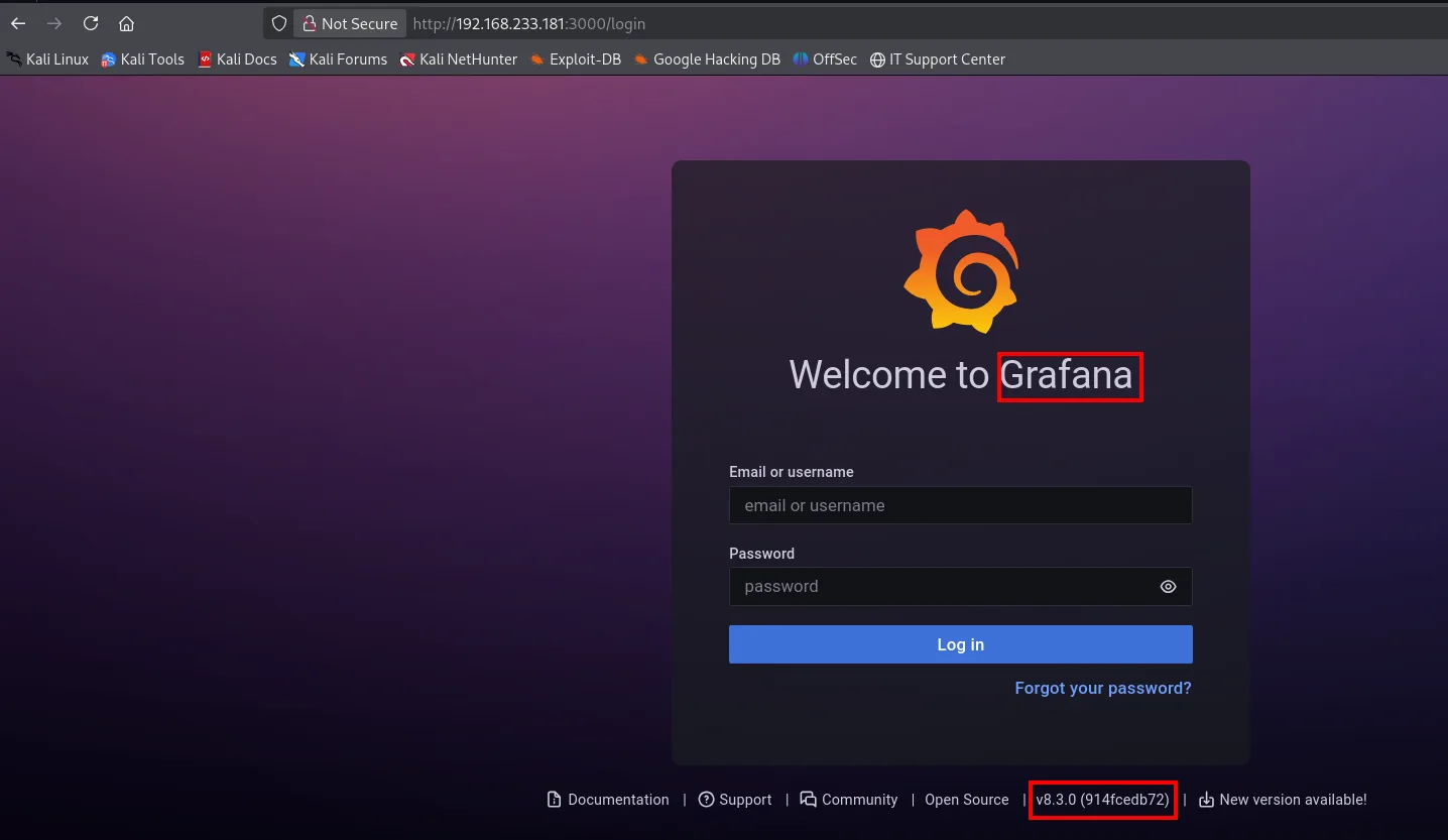 Panel de login de Grafana v8.3.0 en el puerto 3000