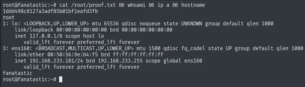 proof.txt leída como root en fanatastic