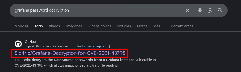Búsqueda grafana password decryption: el repositorio Sic4rio/Grafana-Decryptor-for-CVE-2021-43798, que descifra las contraseñas de datasource de una instancia vulnerable