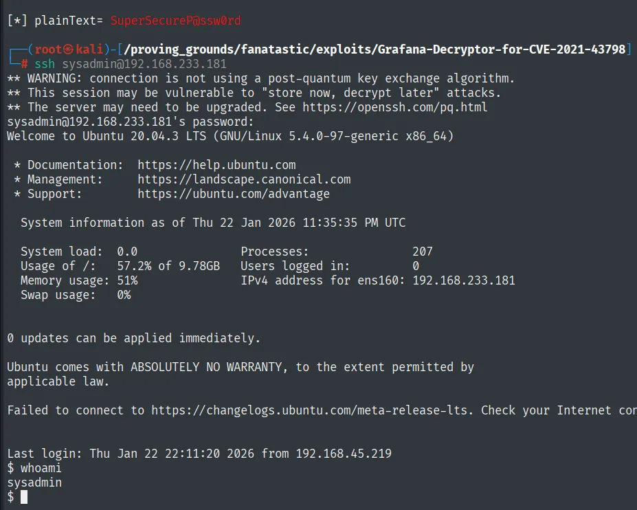 Sesión SSH abierta como sysadmin con la contraseña descifrada