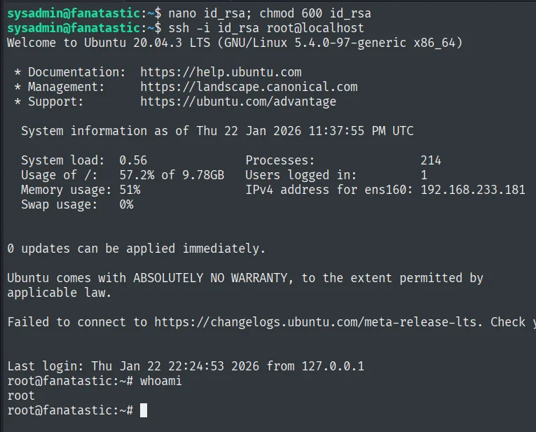 Sesión SSH como root usando la clave privada extraída con debugfs