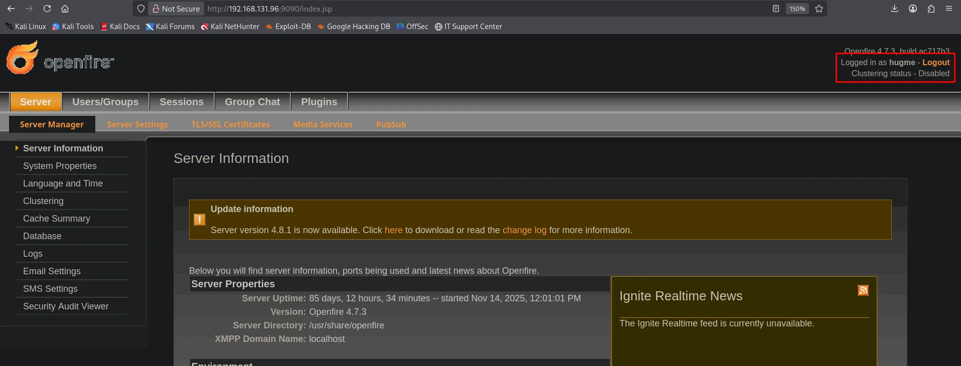 Consola de administración de Openfire logueado como hugme
