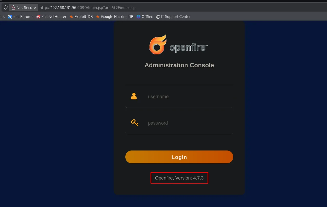 Login de la Administration Console de Openfire con "Openfire, Version: 4.7.3"