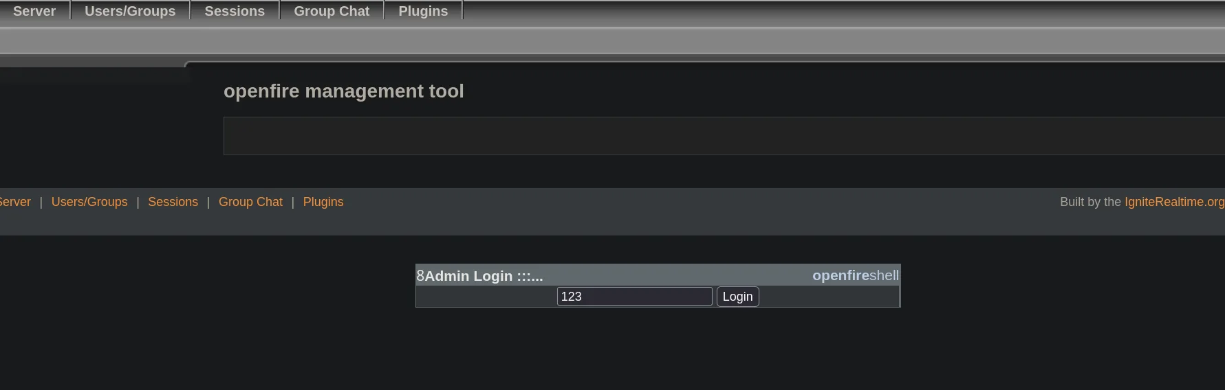 Login del openfire management tool (openfireshell) con la contraseña 123
