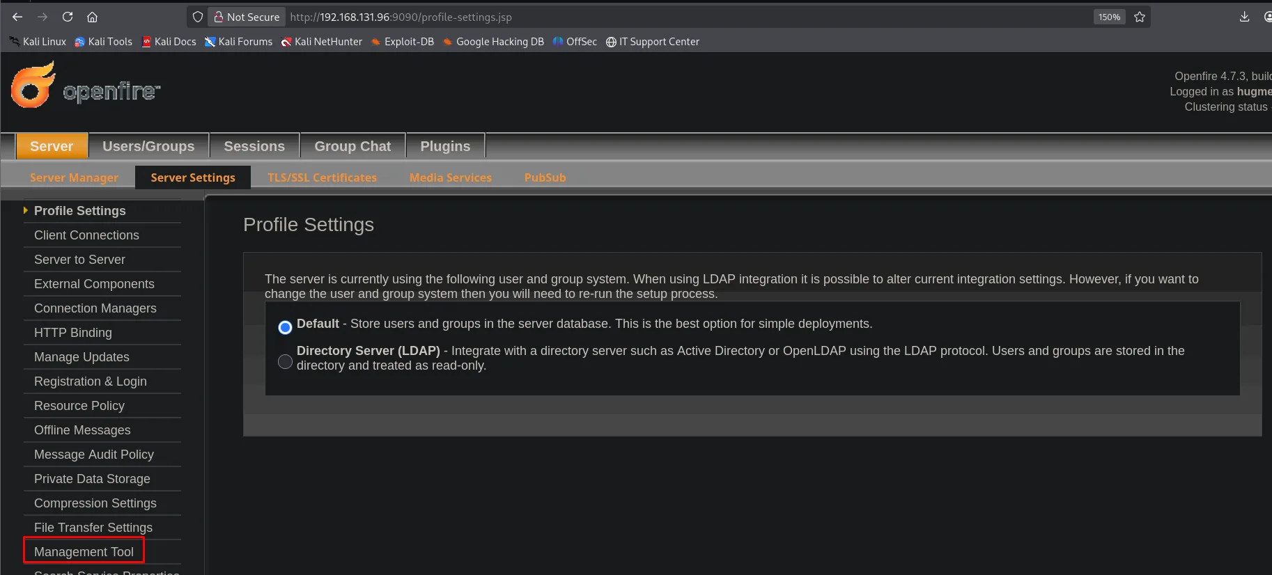 Menú Management Tool añadido por el plugin en Server Settings