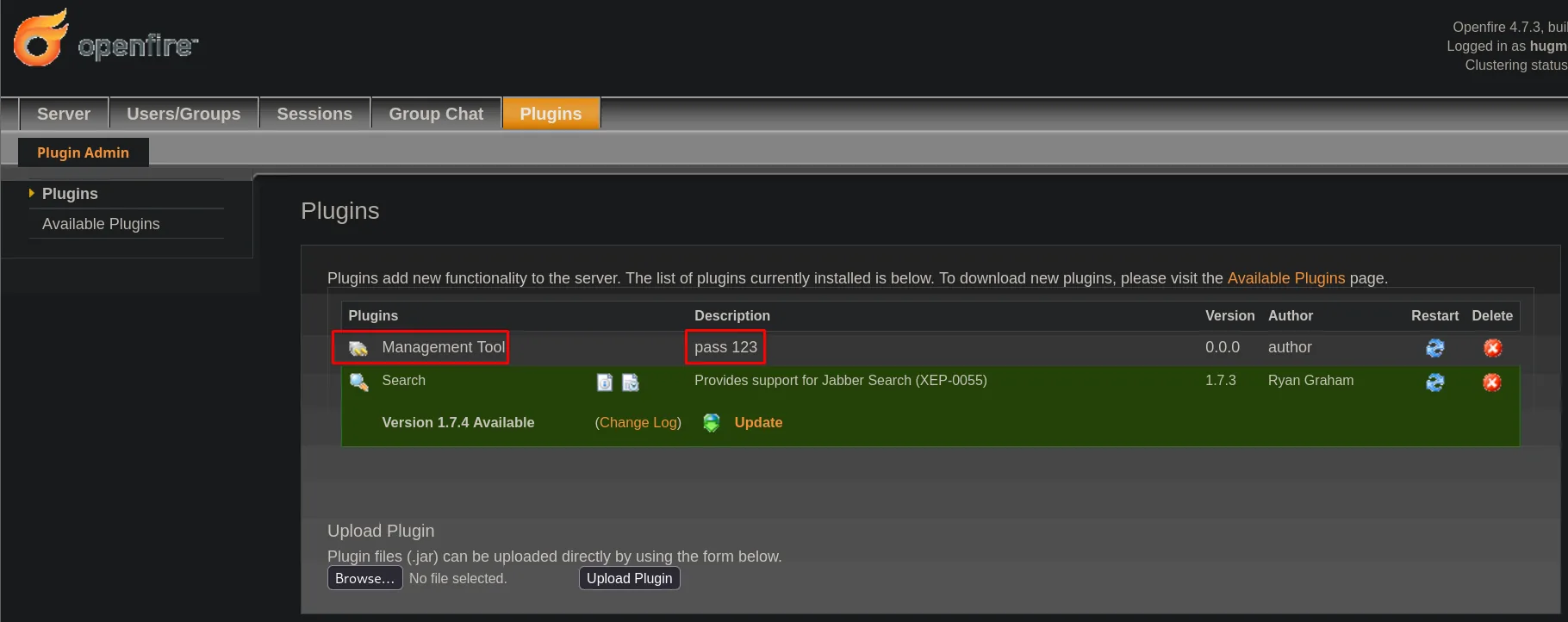 Panel de plugins de Openfire con el Management Tool subido como admin hugme