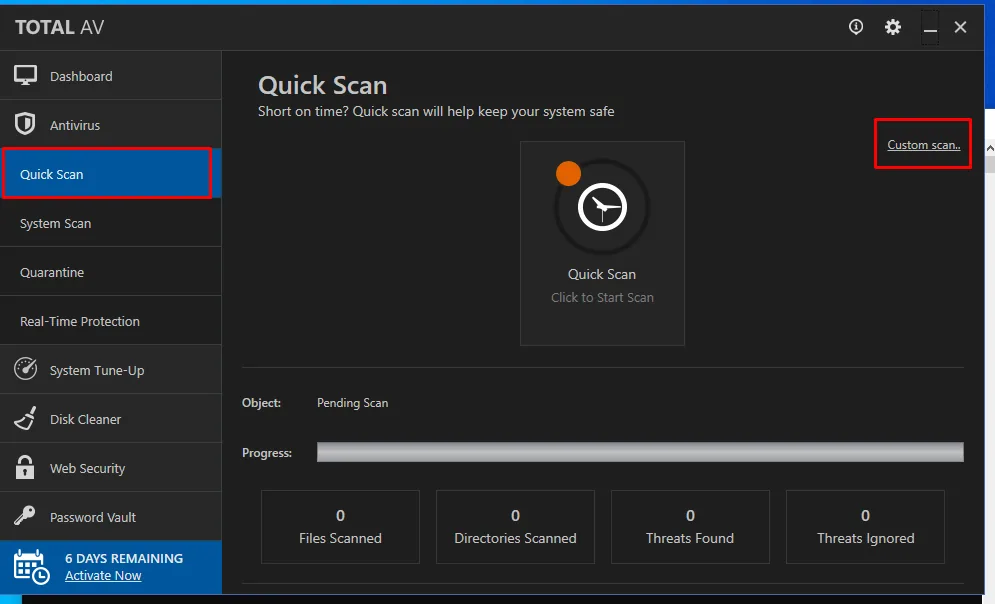 la consola de TOTAL AV en la sección Quick Scan, con el enlace Custom scan resaltado arriba a la derecha y el aviso de 6 DAYS REMAINING abajo