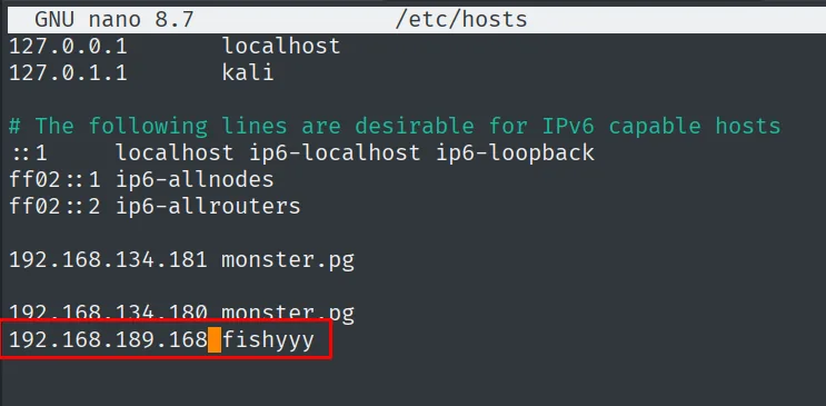 el /etc/hosts abierto en nano con la línea 192.168.189.168 fishyyy recién añadida al final