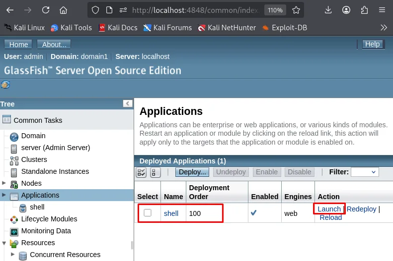 La aplicación shell desplegada y habilitada en la lista de Applications