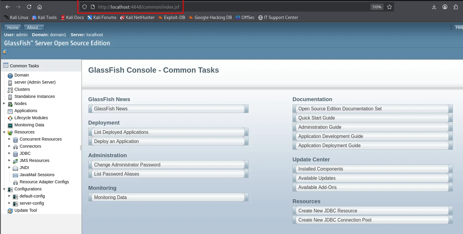 Consola de GlassFish abierta como admin sobre domain1