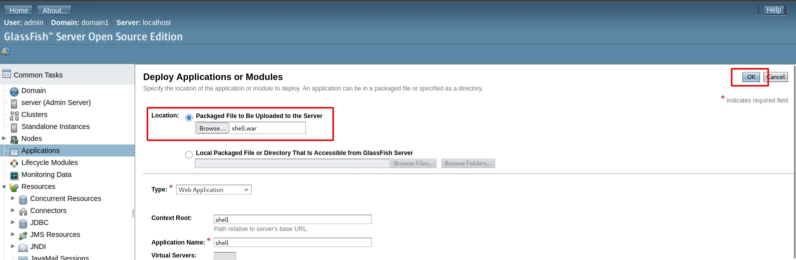 Formulario de despliegue con shell.war subido y el Context Root en shell