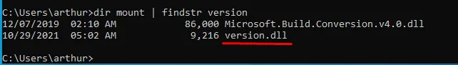 dir mount filtrado por version confirma la DLL de 9.216 bytes dentro del directorio del framework