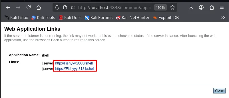 GlassFish lista los enlaces de la aplicación shell recién desplegada