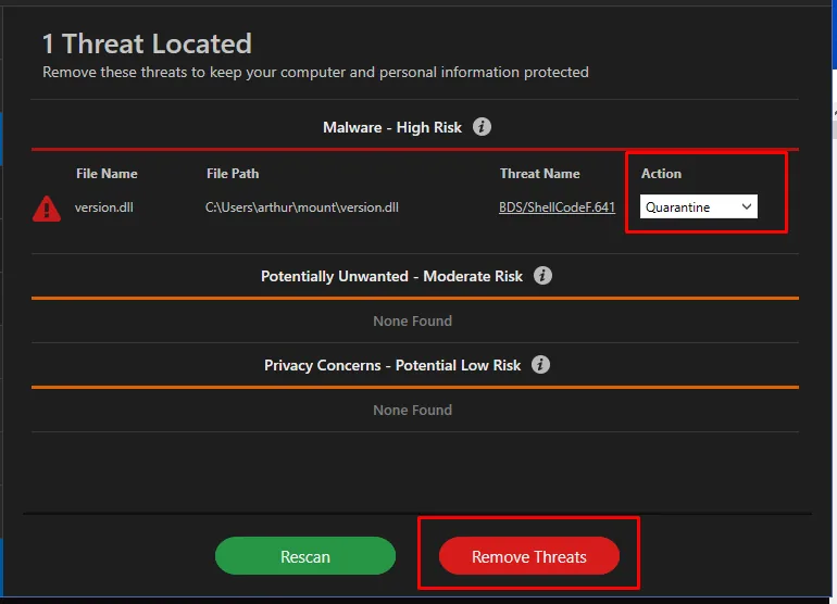 TotalAV detecta version.dll como BDS/ShellCodeF.641 y propone cuarentena