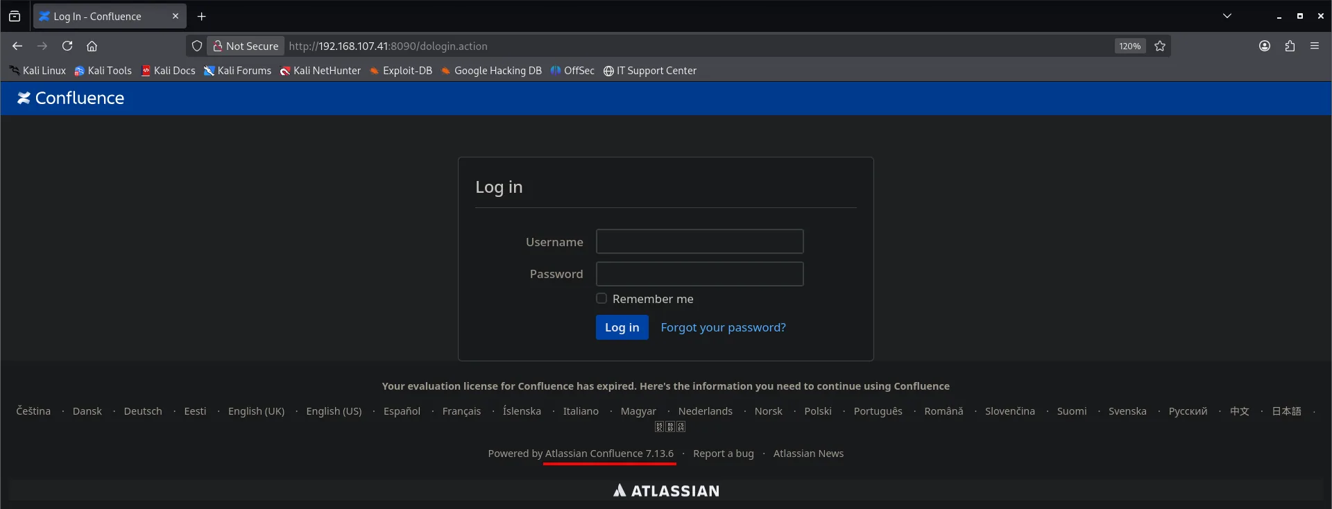Pantalla de login de Atlassian Confluence en el puerto 8090