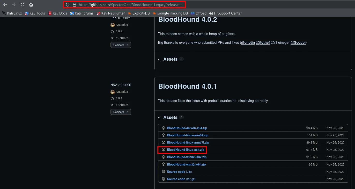 la página de releases de SpecterOps/BloodHound-Legacy con la versión 4.0.1 y el asset BloodHound-linux-x64.zip de 97,7 MB resaltado