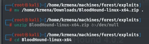 el mv del zip al directorio de exploits, el unzip silenciado y el cd al directorio extraído