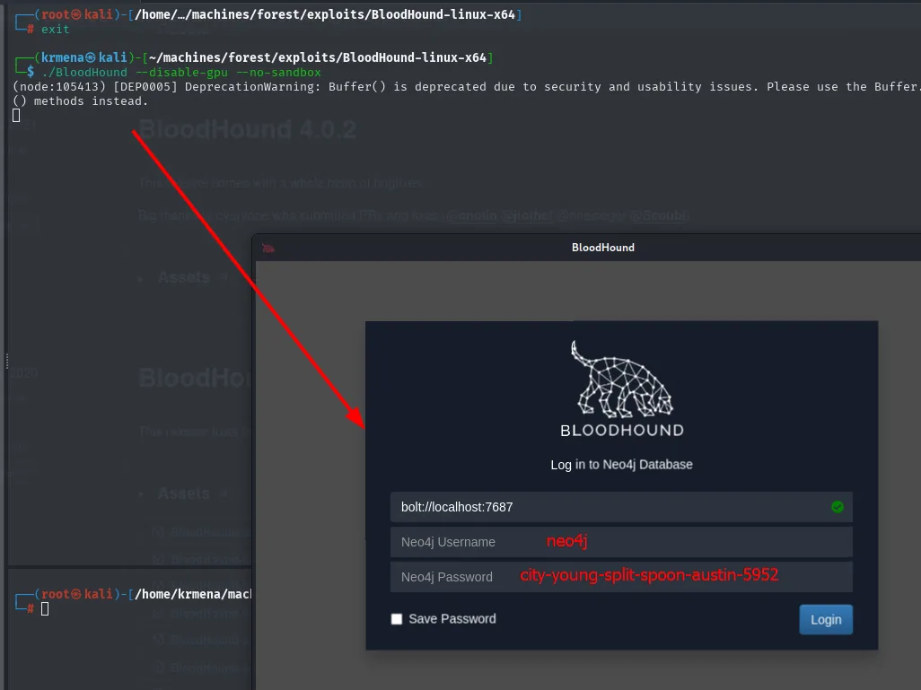 BloodHound arranca y pide las credenciales de Neo4j: bolt://localhost:7687 con el usuario neo4j y la contraseña generada city-young-split-spoon-austin-5952