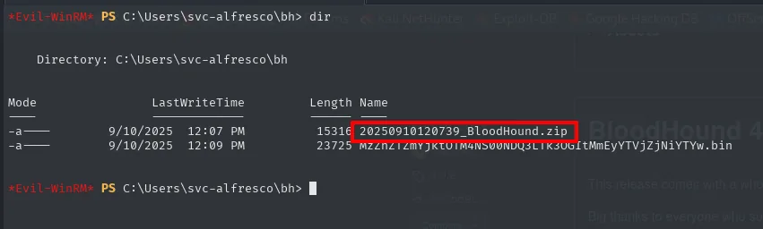 el dir del directorio bh muestra el 20250910120739_BloodHound.zip de 15316 bytes recién generado, junto al .bin de la caché