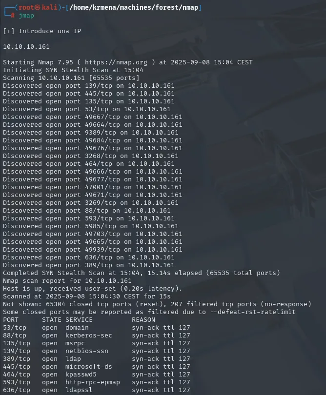 nmap -p- contra 10.10.10.161 descubriendo la batería de puertos de un controlador de dominio, incluidos los dinámicos por encima del 49000