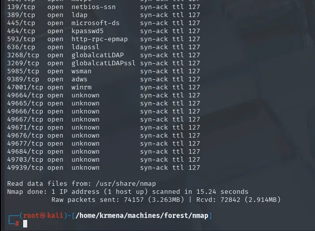 la parte baja del mismo escaneo: LDAP, kpasswd5, ldapssl, globalcatLDAP, wsman, adws, winrm y una decena de puertos dinámicos por encima del 49000, todos con syn-ack ttl 127