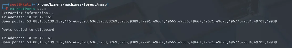extractPorts leyendo el fichero scan y devolviendo la IP 10.10.10.161 con la lista completa de puertos separada por comas